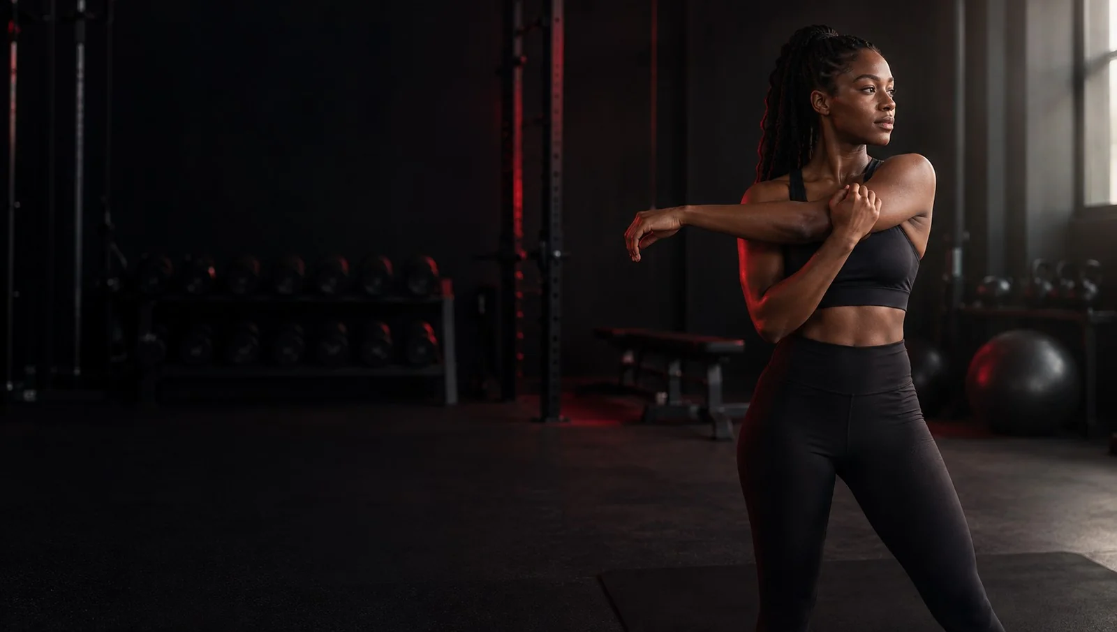 An athlete stretching beside a window in a gym.
