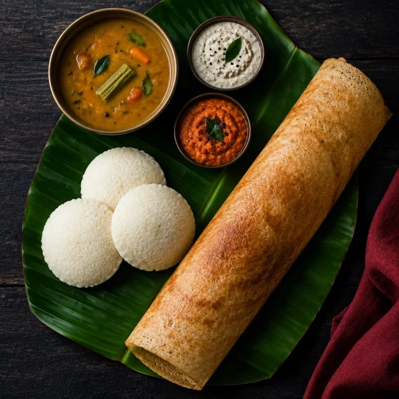 A South Indian meal with idli, dosa and small bowls of accompaniments.