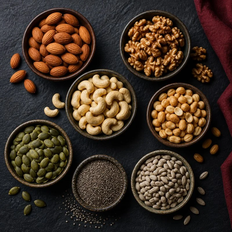 Small bowls of nuts and seeds arranged on a table.