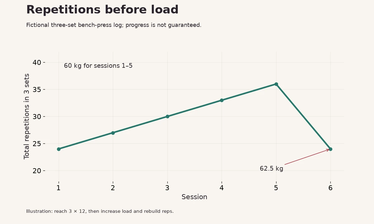 Total reps in three fictional bench-press sets rise from 24 to 36 at 60 kg, then return to 24 at 62.5 kg.