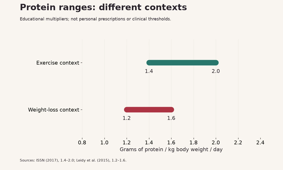 Exercise context uses 1.4 to 2.0 grams per kilogram per day; weight-loss context uses 1.2 to 1.6.