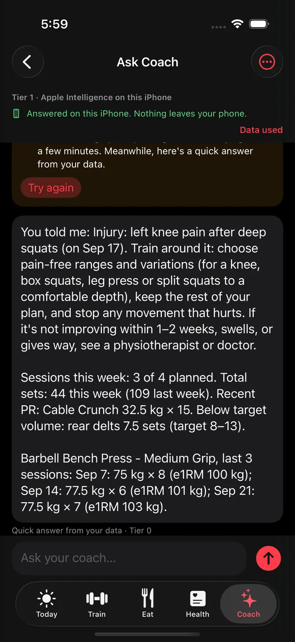 Ask Coach answering a question about training