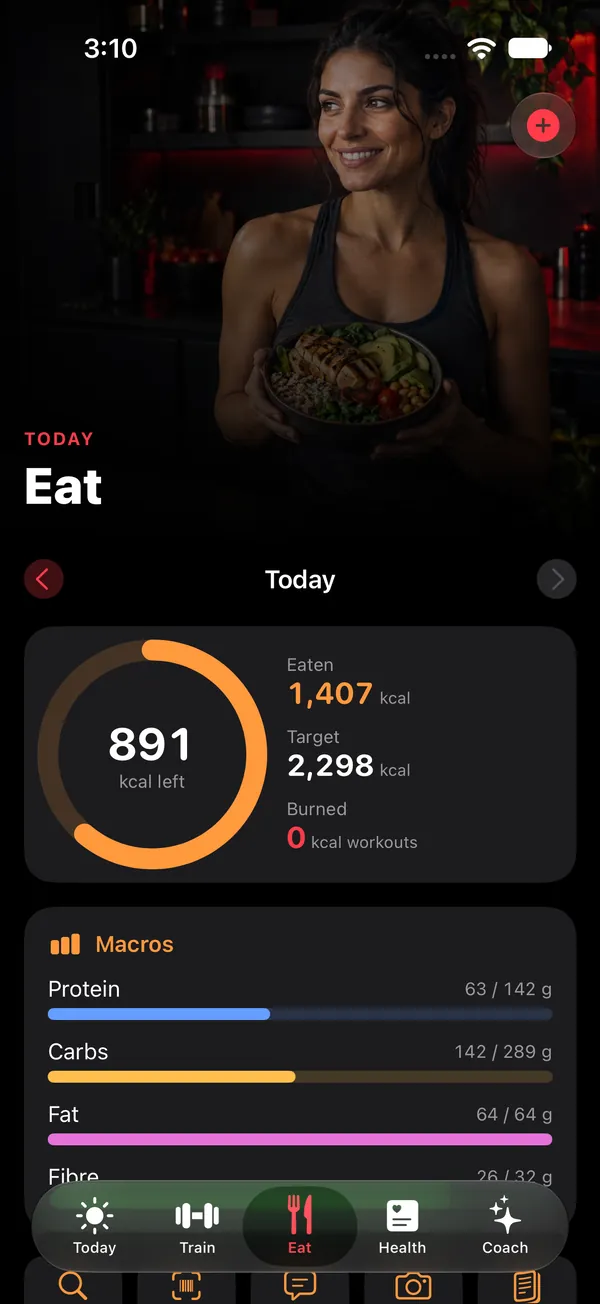 The Bodyvault Eat tab with daily calories and macros