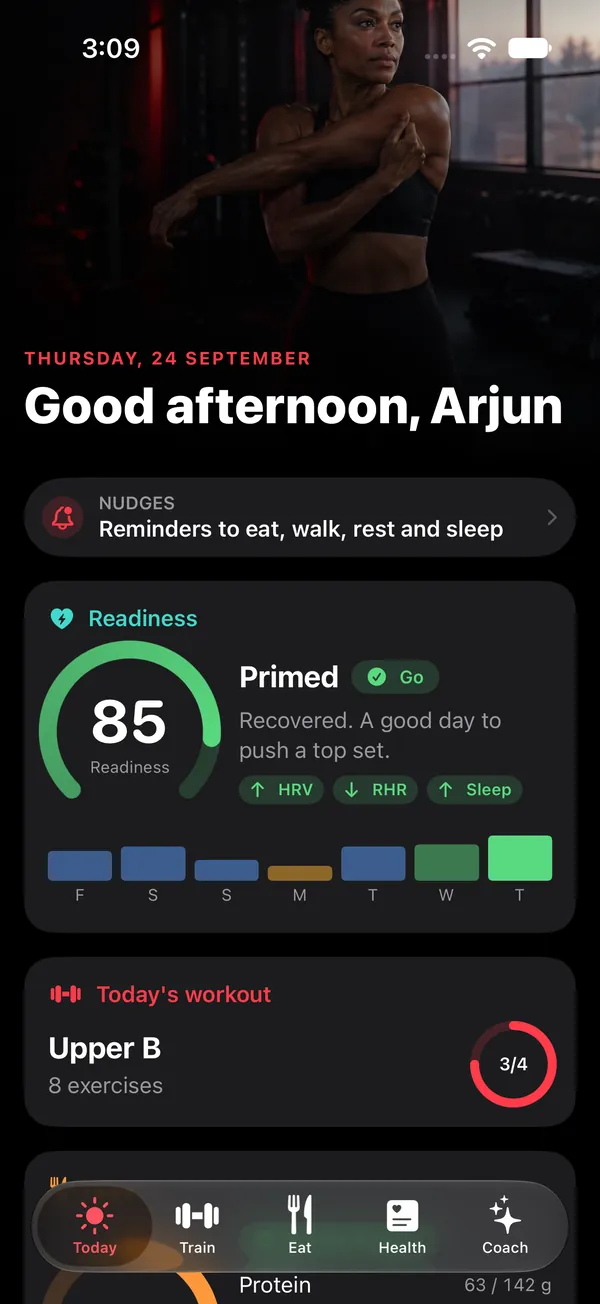 The Bodyvault Today screen with readiness, workout and nutrition