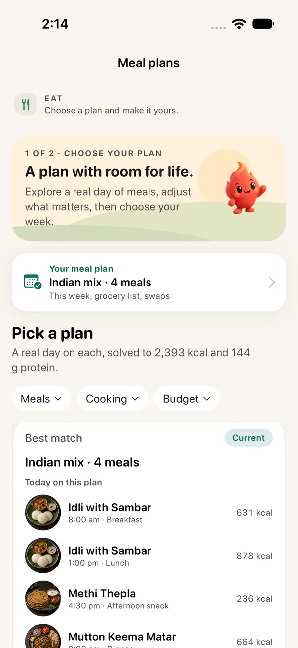 Meal plans: Pick a plan, a real day solved to 2,393 kcal and 144 g protein, with Indian mix · 4 meals as the best match: Idli with Sambar, Methi Thepla and Mutton Keema Matar, each with a round photo and its calories.